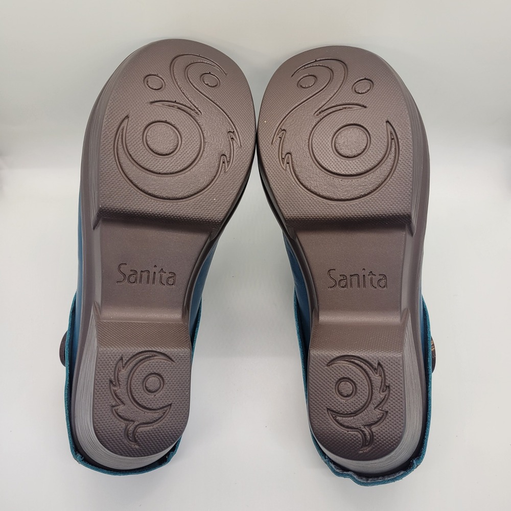 Sanita Teal Blue Leather Mule Clogs Women EU 37 US 6.5-7 Comfort Button 70s 90s - Picture 5 of 16